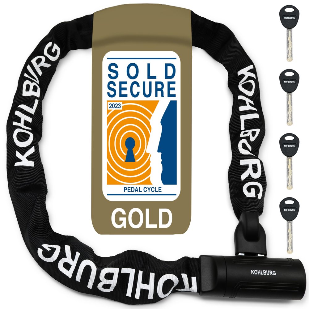 KOHLBURG Security Chain Lock [Sold Secure Gold]  4ft Long Bike Chain with 4 Keys  Heavy Duty Bike Lock 0.33"  for Bicycle Ebike & Motorcycle  Motorbike & Scooter Anti Theft