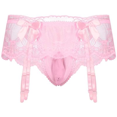 Alvivi Men's Sissy Lace Pouch Skirted Lingerie Sheer Bowknot Jockstraps Crossdress Bikini Briefs Underwear Pink One Size