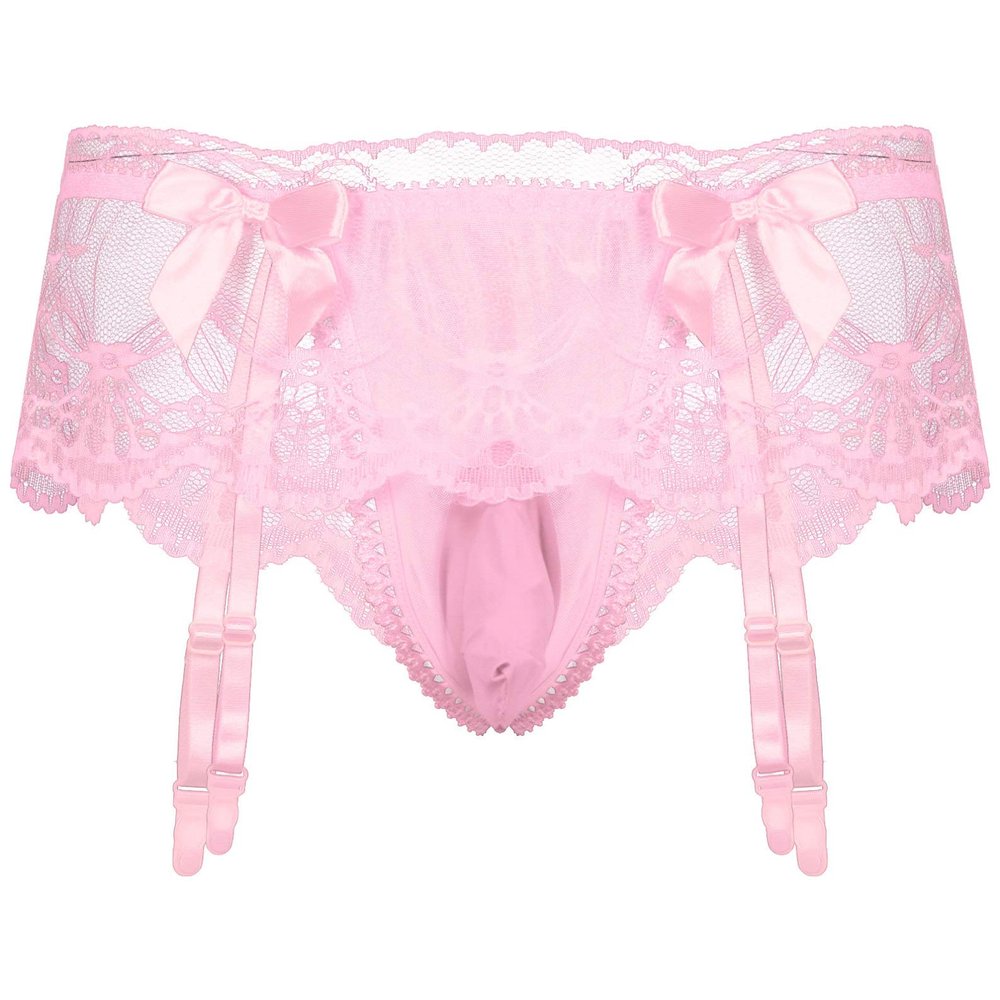 Alvivi Men's Sissy Lace Pouch Skirted Lingerie Sheer Bowknot Jockstraps Crossdress Bikini Briefs Underwear Pink One Size