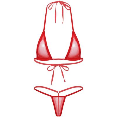 Alvivi Women's Tie-up Halter Push Up Mini G-String Thongs Bottom Triangle Bikini Bathing Suit Red One Size