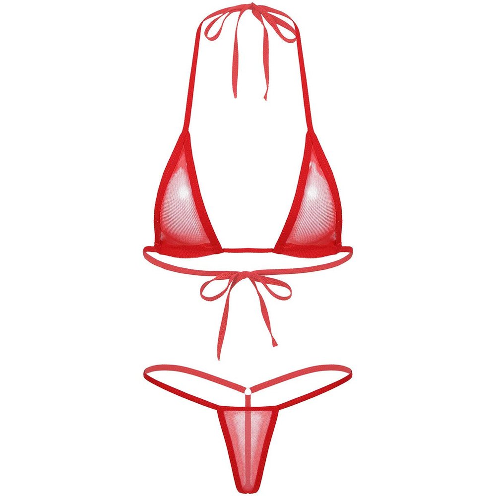 Alvivi Women's Tie-up Halter Push Up Mini G-String Thongs Bottom Triangle Bikini Bathing Suit Red One Size