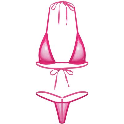 Agoky Women's Solid Halter Push up Micro Brazilian Thong Bikini Swimsuit Bathing Suit Hot Pink One Size