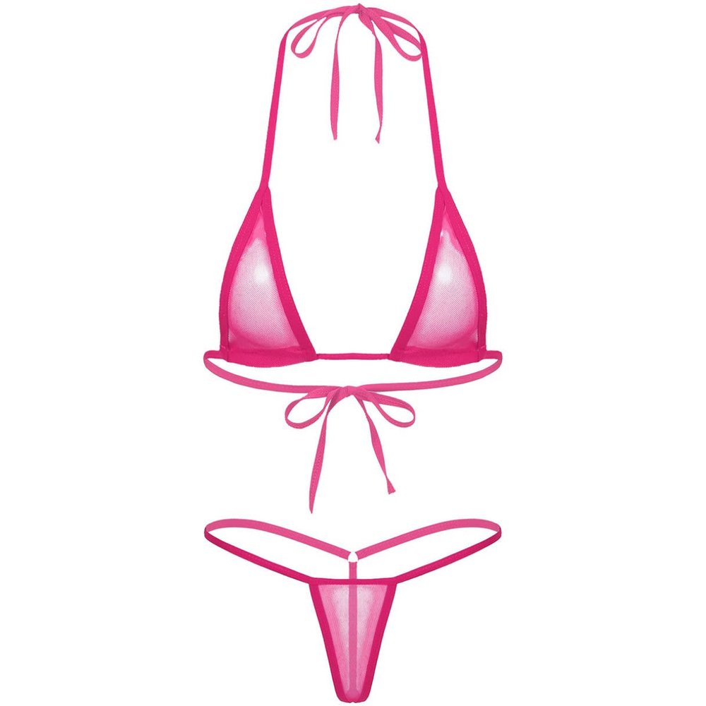 Agoky Women's Solid Halter Push up Micro Brazilian Thong Bikini Swimsuit Bathing Suit Hot Pink One Size