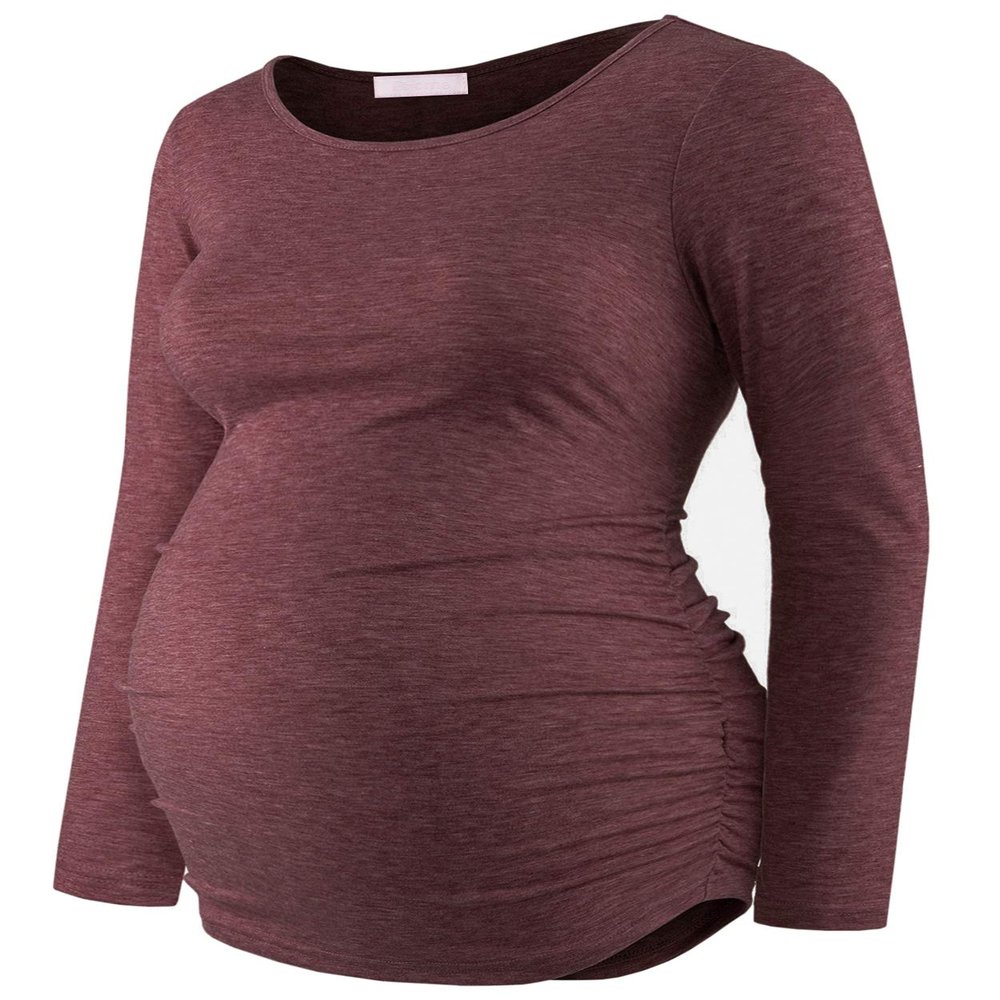Maternity Shirt Long Sleeve Basic Top Ruch Sides Bodycon Tshirt for Pregnant Women Burgundy XXL