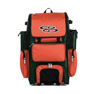 Boombah Rolling Superpack 2.0 Baseball / Softball Gear Bag - 23-1/2Inch x 13-1/2Inch x 9-1/2Inch - Dark Green/Orange - Telescopic Handle - Holds 4 Bats - Wheeled Version , One Size