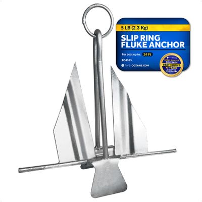 Five Oceans Boat Anchor - Fluke Anchor, 5 Lb, Galvanized Steel Slip Ring Boat Anchor, Boat Anchors, Small Boat Anchor for Kayak, Dinghies Personal Watercraft Paddleboards Canoes Small Boats - FO4555