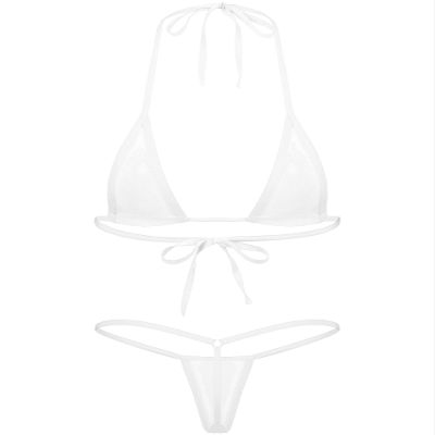 ACSUSS Women's Brazilian Mesh Sheer Extreme Halterneck Micro Bikini Bra Top with G-String Swimsuit White One Size