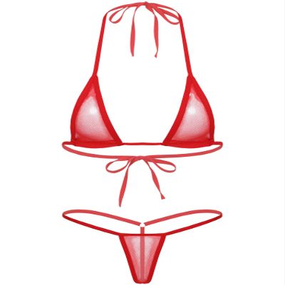 ACSUSS Women's Brazilian Mesh Sheer Extreme Halterneck Micro Bikini Bra Top with G-String Swimsuit Red One Size