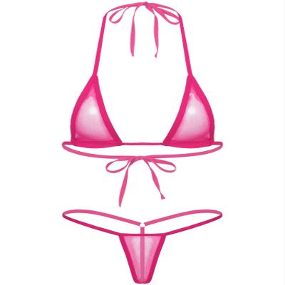 ACSUSS Women's Brazilian Mesh Sheer Extreme Halterneck Micro Bikini Bra Top with G-String Swimsuit Hot Pink One Size