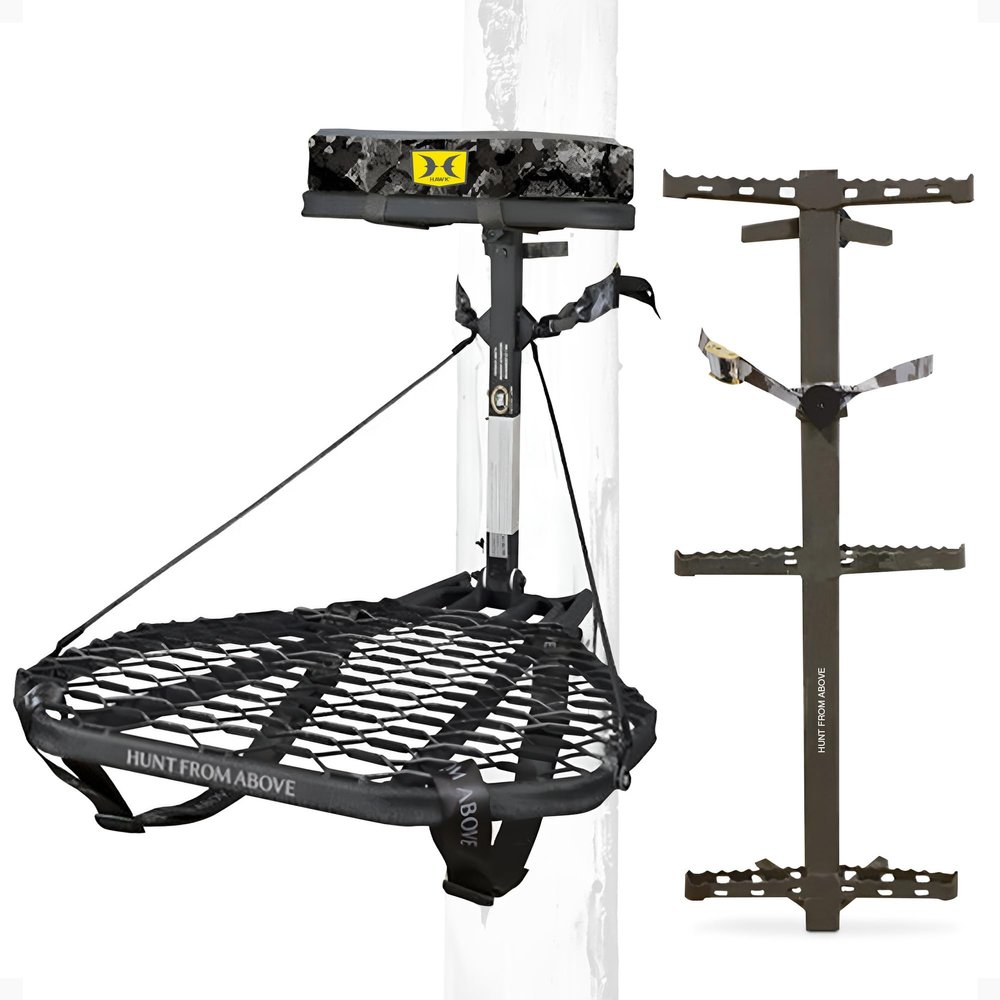 Hawk Ranger Traction Mud Camo 3 Pack Climbing Sticks with Durable Steel Hang On Hunting Treestand and Full Body Safety Harness
