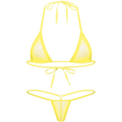 ACSUSS Women's Brazilian Mesh Sheer Extreme Halterneck Micro Bikini Bra Top with G-String Swimsuit Yellow One Size