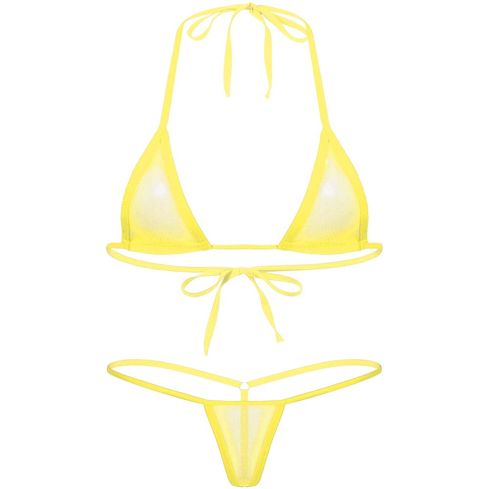ACSUSS Women's Brazilian Mesh Sheer Extreme Halterneck Micro Bikini Bra Top with G-String Swimsuit Yellow One Size