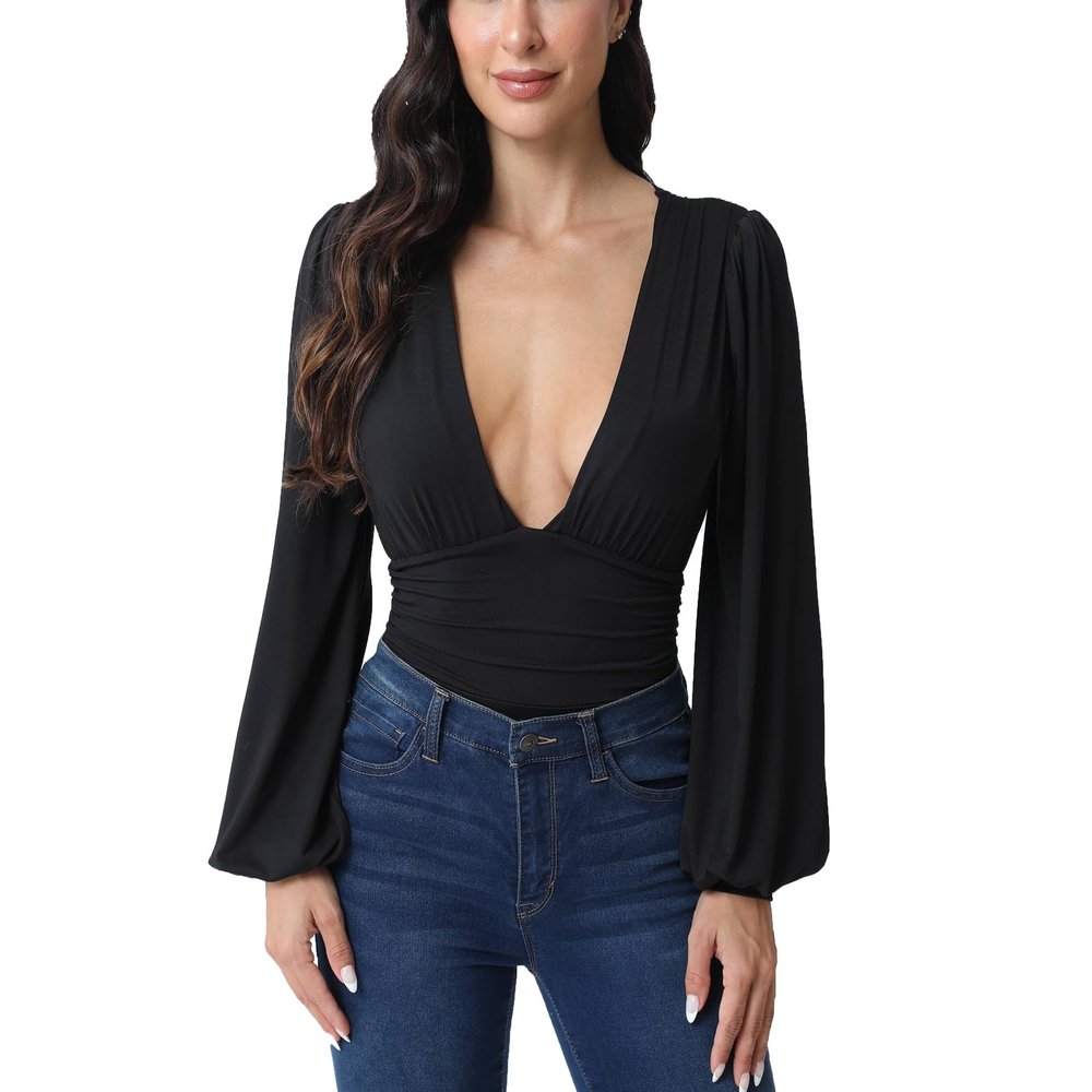Weigou Women Jumpsuits Long Sleeve V Neck Pleated Loose Bodysuits Tops For Women Leotard Shirts (Black(1), S)