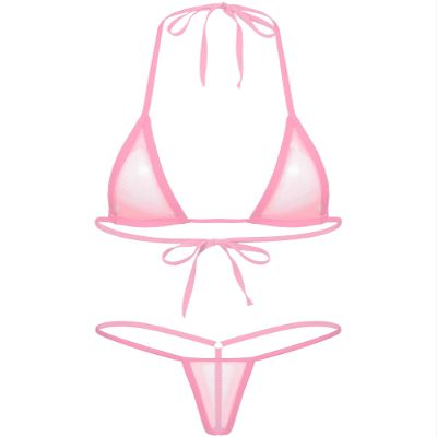 ACSUSS Women's Brazilian Mesh Sheer Extreme Halterneck Micro Bikini Bra Top with G-String Swimsuit Pink One Size