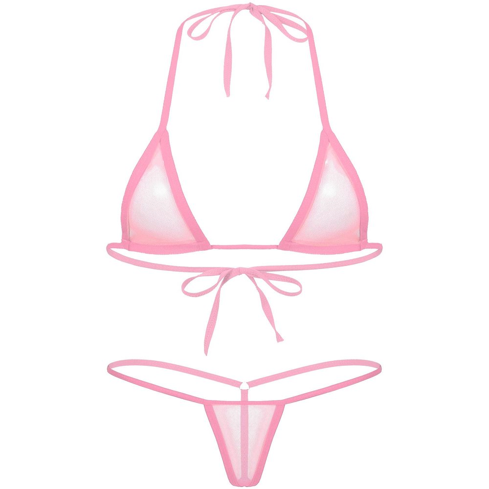 ACSUSS Women's Brazilian Mesh Sheer Extreme Halterneck Micro Bikini Bra Top with G-String Swimsuit Pink One Size