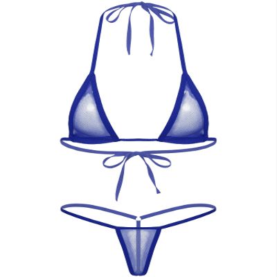 ACSUSS Women's Brazilian Mesh Sheer Extreme Halterneck Micro Bikini Bra Top with G-String Swimsuit Royal Blue One Size