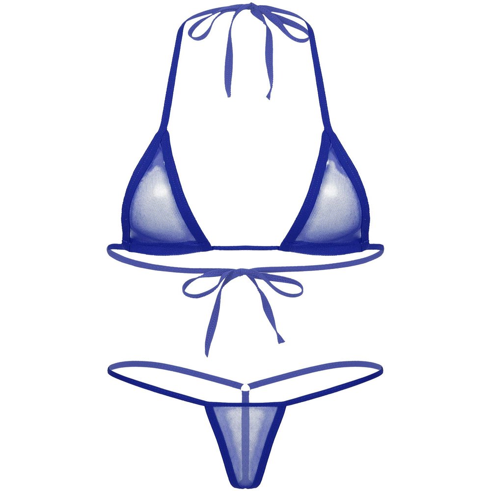 ACSUSS Women's Brazilian Mesh Sheer Extreme Halterneck Micro Bikini Bra Top with G-String Swimsuit Royal Blue One Size