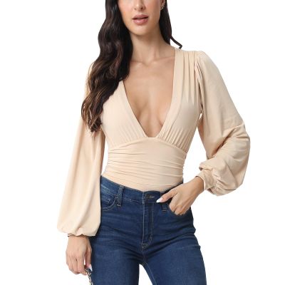 Weigou Women Jumpsuits Long Sleeve V Neck Pleated Loose Bodysuits Tops For Women Leotard Shirts (Khaki(1), L)