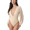 Weigou Women Jumpsuits Long Sleeve V Neck Pleated Loose Bodysuits Tops For Women Leotard Shirts (Khaki(1), L) view 3