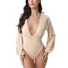 Weigou Women Jumpsuits Long Sleeve V Neck Pleated Loose Bodysuits Tops For Women Leotard Shirts (Khaki(1), L) view 4