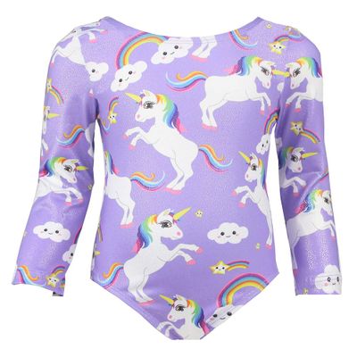 TENVDA Leotards for Girls Gymnastics Size 2t 3t Sparkles Purple Unicorn Toddler Kids Long Sleeve Tumbling Outfit