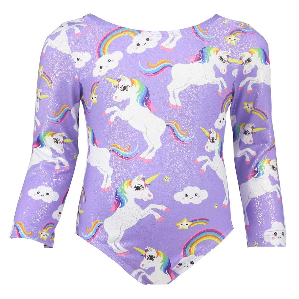TENVDA Leotards for Girls Gymnastics Size 2t 3t Sparkles Purple Unicorn Toddler Kids Long Sleeve Tumbling Outfit