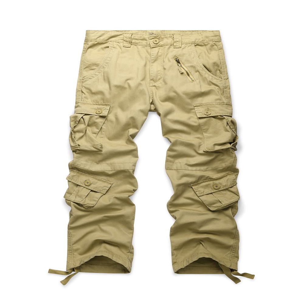 OCHENTA Men's Cotton Casual Cargo Work Pants Military Tactical Combat with 8 Pockets Hiking Khaki 29