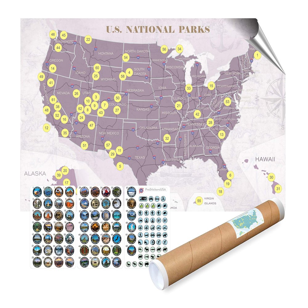 ProStickersUSA Collection 63 stickers Set All USA National Parks & large size | GREY-PURPLE | Map of U.S. National Parks.17 x 27 inch with Gift Tube Box. Camping, Travel & animals Stickers.