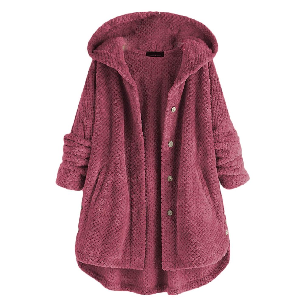 Andongnywell Women's Winter Warm Open Buttons Overcoats Fleece Fluffy Jacket Coat Outwear with Pockets (Wine Red,Medium)