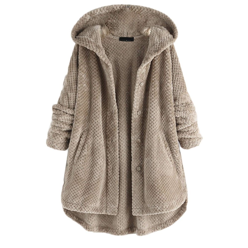 Andongnywell Women's Winter Warm Open Buttons Overcoats Fleece Fluffy Jacket Coat Outwear with Pockets (Khaki,4X-Large)