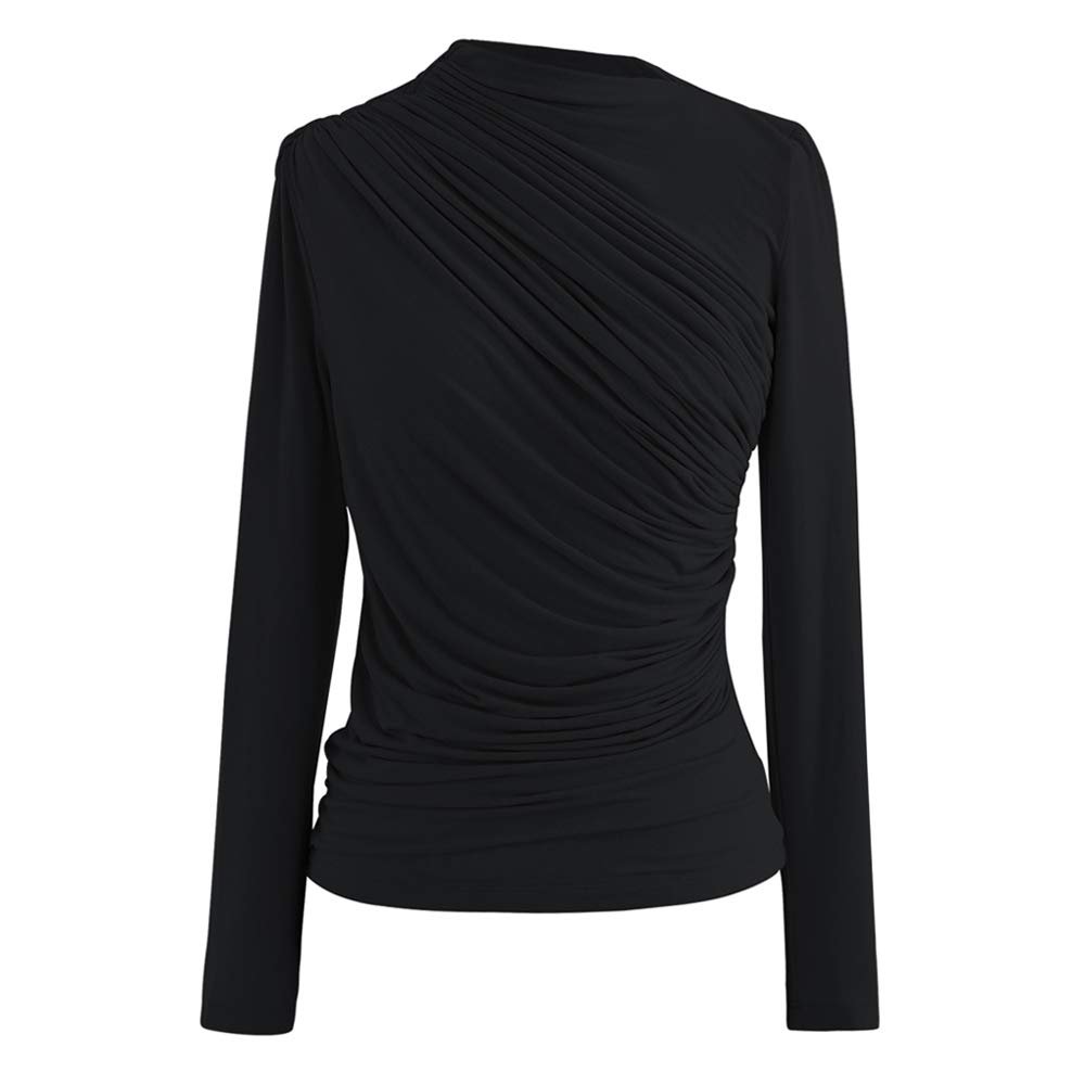 CHICWISH Women's Black Mock Neck Ruched Long Sleeves Knit Top
