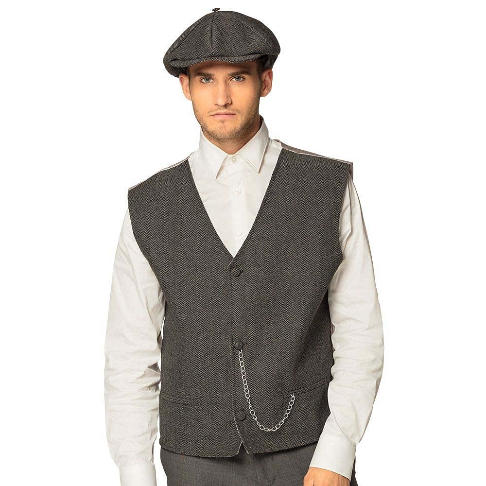 Boland 33016 33016 Birmingham Hat and Vest Costume Set England Beret Hat Herringbone Fabric Carnival Fancy Dress Carnival Theme Party Men Grey Brown XL