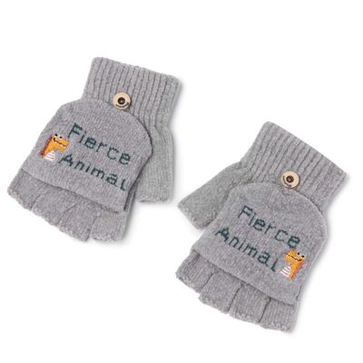Children's Clamshell Gloves Autumn Winter and Winter Kindergarten Boys Girls Writing Handless Half-Finger Cute Cartoon Dinosaur (Color : Gray)