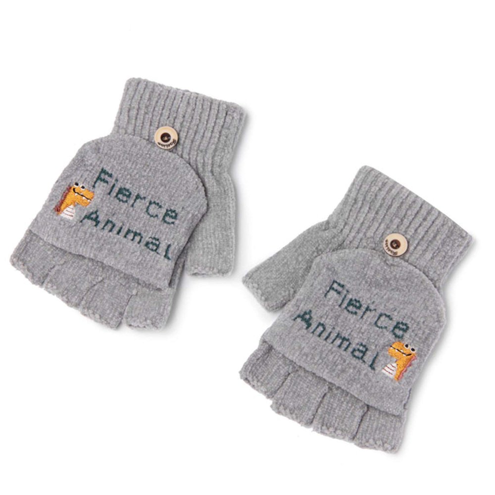 Children's Clamshell Gloves Autumn Winter and Winter Kindergarten Boys Girls Writing Handless Half-Finger Cute Cartoon Dinosaur (Color : Gray)