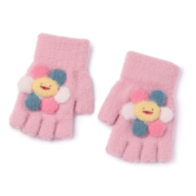 Children's Gloves Autumn and Winter Winter Men and Women Children Baby Infants and Young Children Writing Half Finger Sunflower Cartoon Cute Woolen to Keep Warm 2-4 Years Old (Color : Pink)