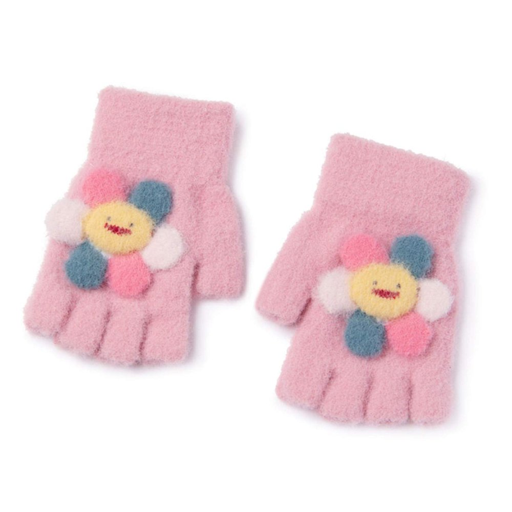 Children's Gloves Autumn and Winter Winter Men and Women Children Baby Infants and Young Children Writing Half Finger Sunflower Cartoon Cute Woolen to Keep Warm 2-4 Years Old (Color : Pink)