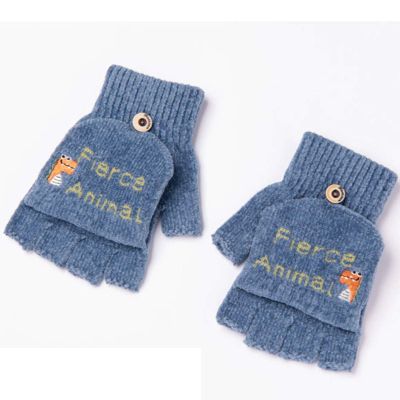Children's Clamshell Gloves Autumn Winter and Winter Kindergarten Boys Girls Writing Handless Half-Finger Cute Cartoon Dinosaur (Color : Blue)