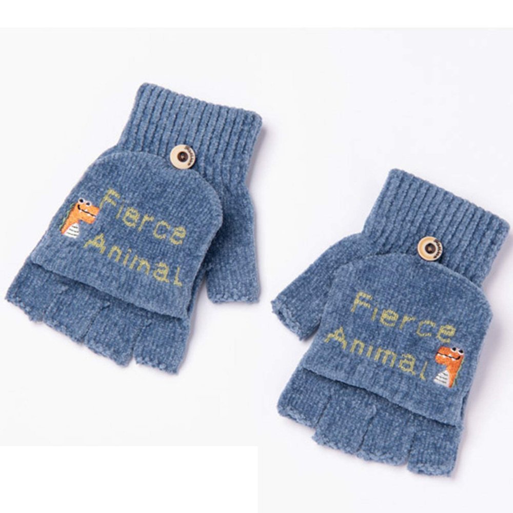 Children's Clamshell Gloves Autumn Winter and Winter Kindergarten Boys Girls Writing Handless Half-Finger Cute Cartoon Dinosaur (Color : Blue)