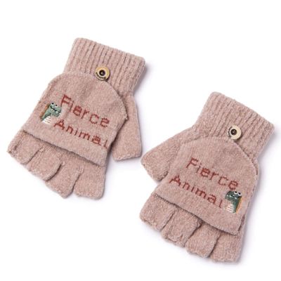 Children's Clamshell Gloves Autumn Winter and Winter Kindergarten Boys Girls Writing Handless Half-Finger Cute Cartoon Dinosaur (Color : Pink)