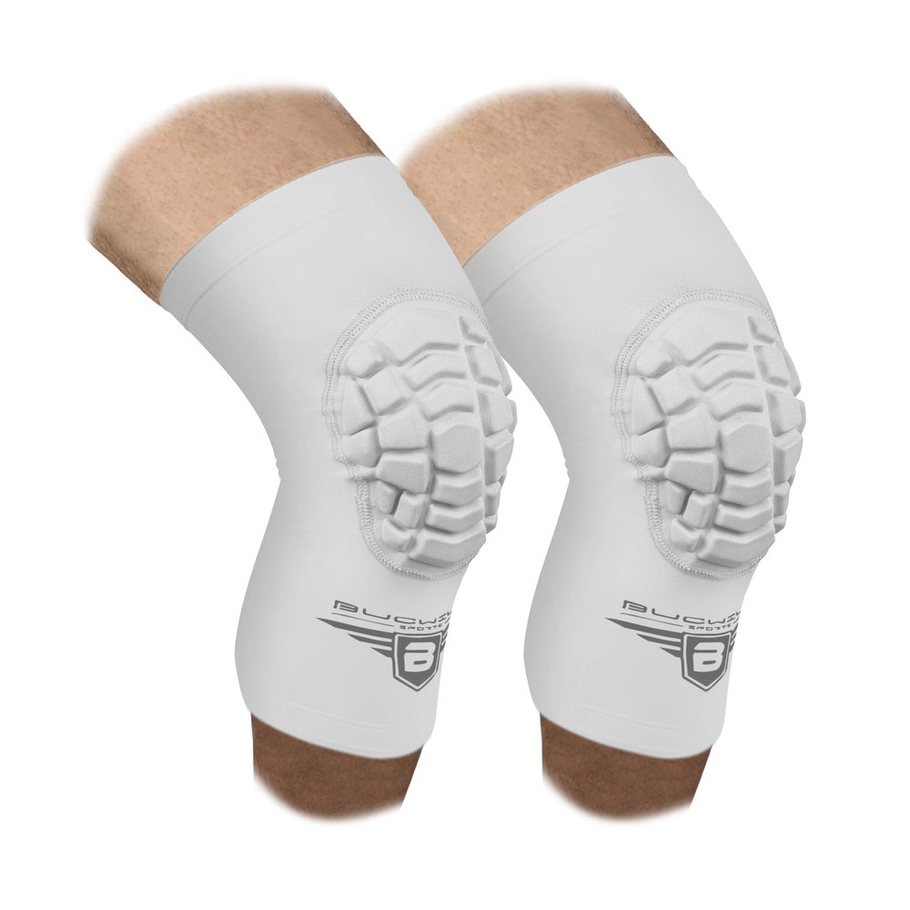 Bucwild Sports Volleyball Knee Pads | Padded Knee Compression Sleeves with Anti-Slip Grip & Flatten-Resistant Cushion | For Basketball, Volleyball, Wrestling & Training 1 Pair (White, Large)