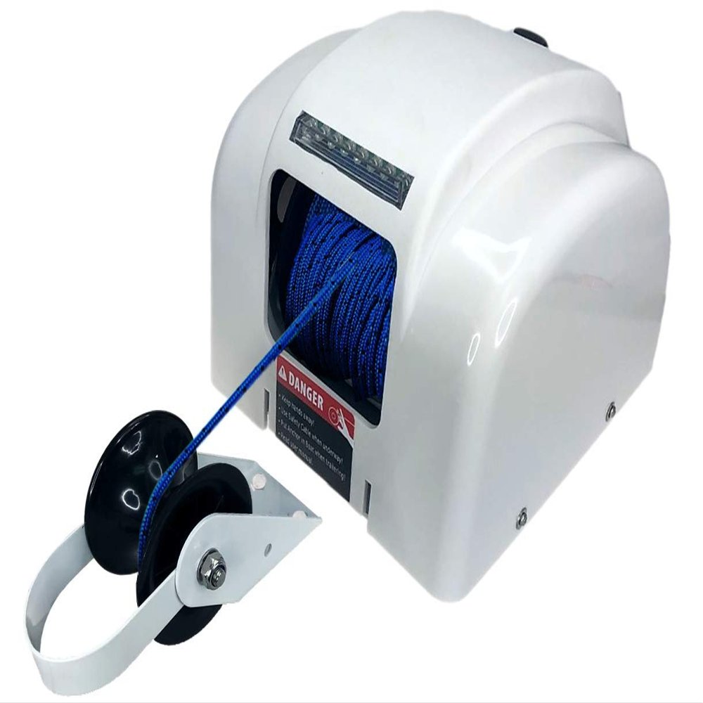 Pactrade Marine Boat Electric Anchor Winch Up to 45lb (20kg) LED Light Wireless Remote Control 12V 100ft Braided Blue Line 700lb (317.5kg) Break Strength Salt Water Power UP/Free Fall Down (White)