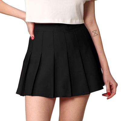 MBJ WB2344 Women Girls Plaid High Waist Japan School Uniform Pleated Skater Tennis Skirt with Short XS Black