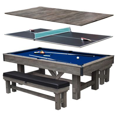 Hathaway Logan 7 Foot Pool Table Combo with Benches Billiard Table with Ping Pong and Dining Tops Comes with Complete Game Accessories and Built-In Storage - Rustic Gray Barnwood Finish, Blue Felt