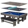 Hathaway Logan 7 Foot Pool Table Combo with Benches  Billiard Table with Ping Pong and Dining Tops  Comes with Complete Game Accessories and Built-In Storage - Rustic Gray Barnwood Finish, Blue Felt view 1