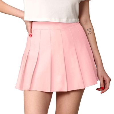 MBJ WB2344 Women Girls Plaid High Waist Japan School Uniform Pleated Skater Tennis Skirt with Short XL Pink