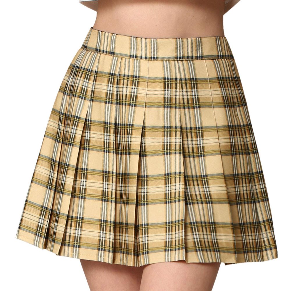 MBJ WB2344 Women Girls Plaid High Waist Japan School Uniform Pleated Skater Tennis Skirt with Short L Khaki_Plaid