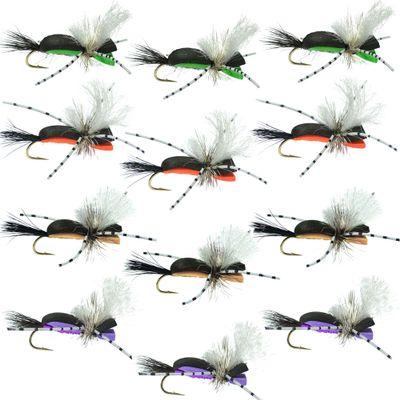 The Fly Fishing Place Hippie Stomper Collection 4 Colors Foam Body Trout Bass Dry Fly Fishing Flies - Assortment of 12 Hopper Flies Hook Size 10