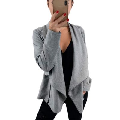 Andongnywell Women Open Front Cardigan Office Lapel Zip Blazer OL Casual Suit Jacket Oblique Zipper Loose Outwear (Gray,XX-Large)