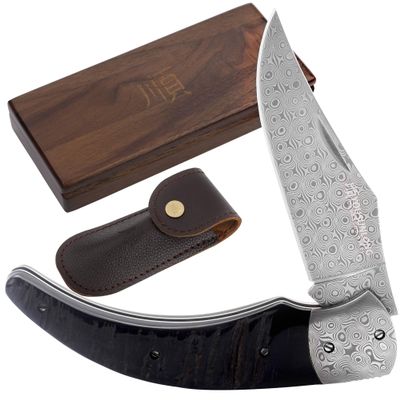 YOUSUNLONG Pocket Knife - Folding Knife - Overall 205mm - Japanese Damascus Steel Blade -Natural Black Buffalo Horn Handle with Leather sheath and walnut wooden Knife Box