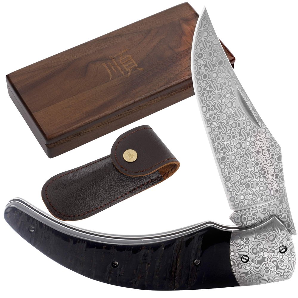YOUSUNLONG Pocket Knife - Folding Knife - Overall 205mm - Japanese Damascus Steel Blade -Natural Black Buffalo Horn Handle with Leather sheath and walnut wooden Knife Box
